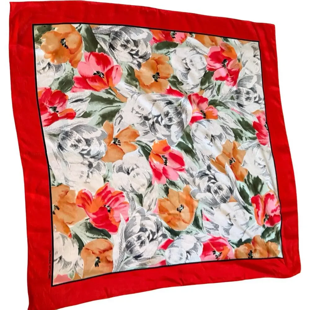 Vintage Adrienne Vittadini Silk Floral Scarf 1990s Red White Sage Square 31x31